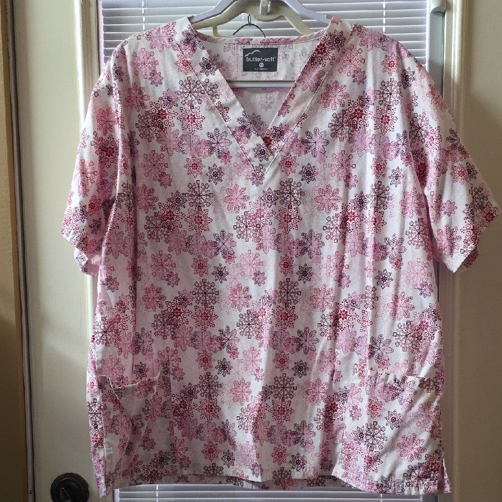 Butter-Soft Pink and White Floral Scrub Top